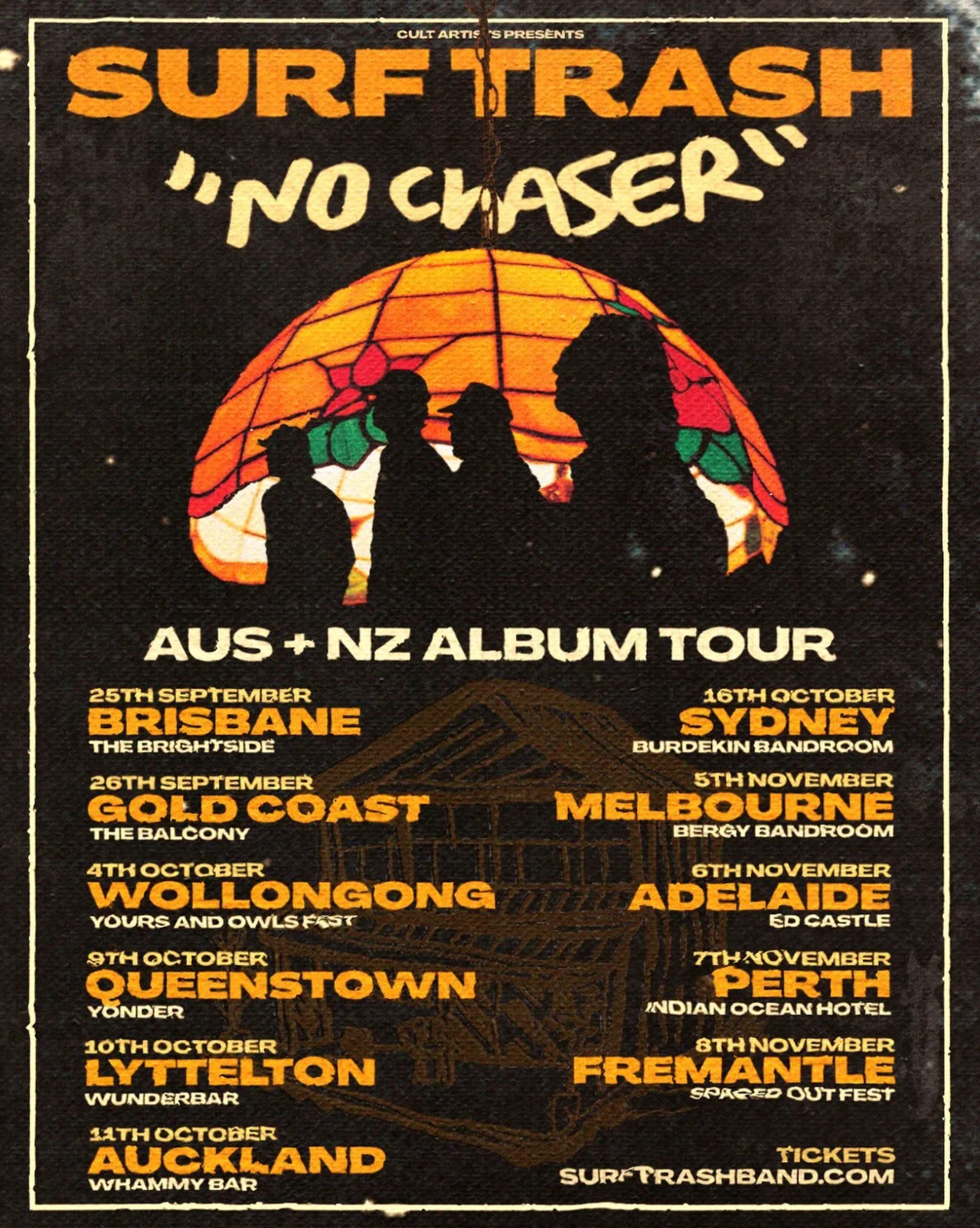 Surf Trash No Chaser AUS & NZ album tour poster with silhouettes of band members under a stained-glass lamp, detailing concert dates and venues.